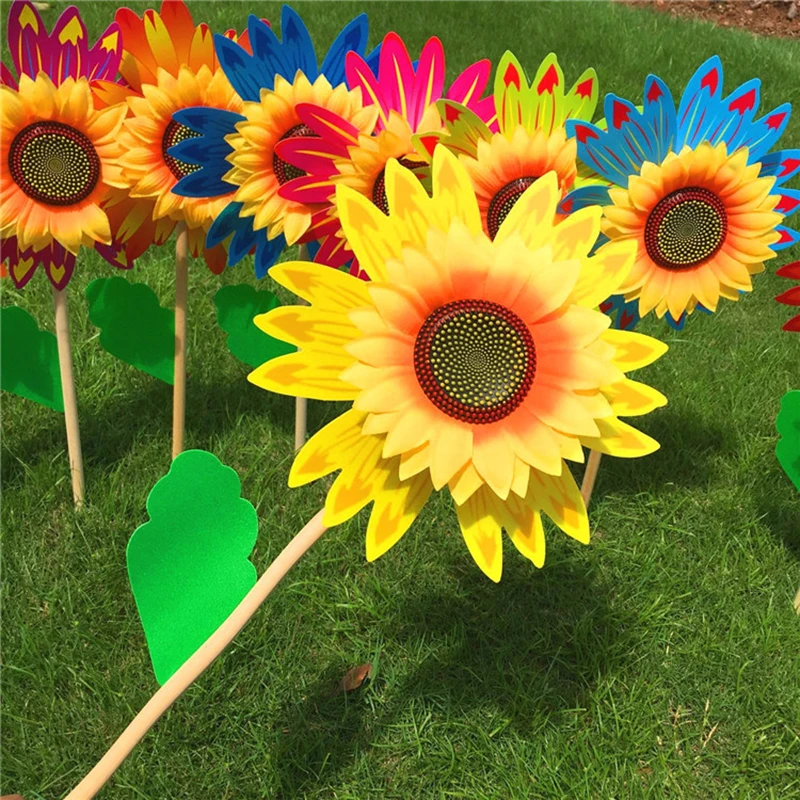 1PCS Sunflower Windmill Colorful Pinwheel 25cm Wooden Pole Stake Yard Ornament Flower Spinner Outdoor Picnic Garden Yard Decor