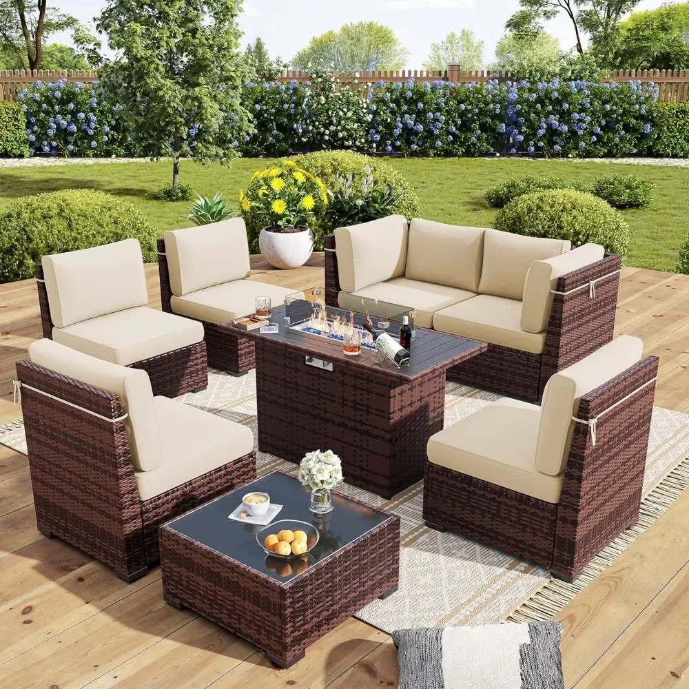 

Outdoor Patio Furniture Set with 44" Fire Pit Table 8 Pieces Rattan Patio Sectional Sofa Conversation Set, Coffee Table