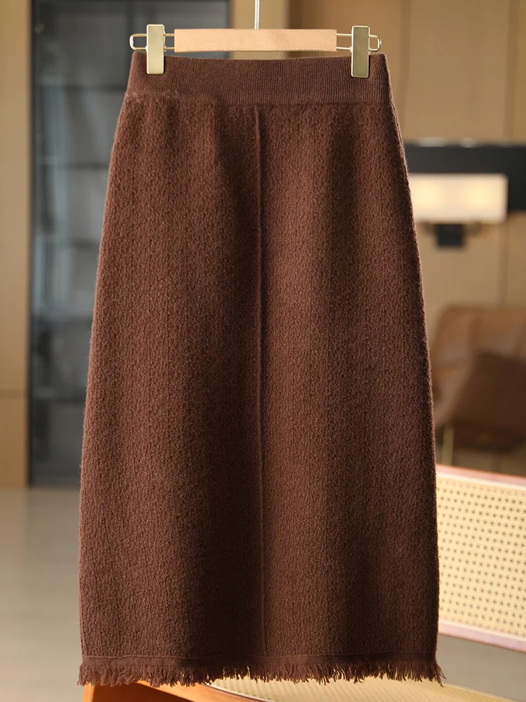 TLOML Chic Women's 100% Merino Wool Tassel Skirt Central Line Solid Skirts Autumn Winter Cashmere Soft Warm Comfy Elegant Skirts