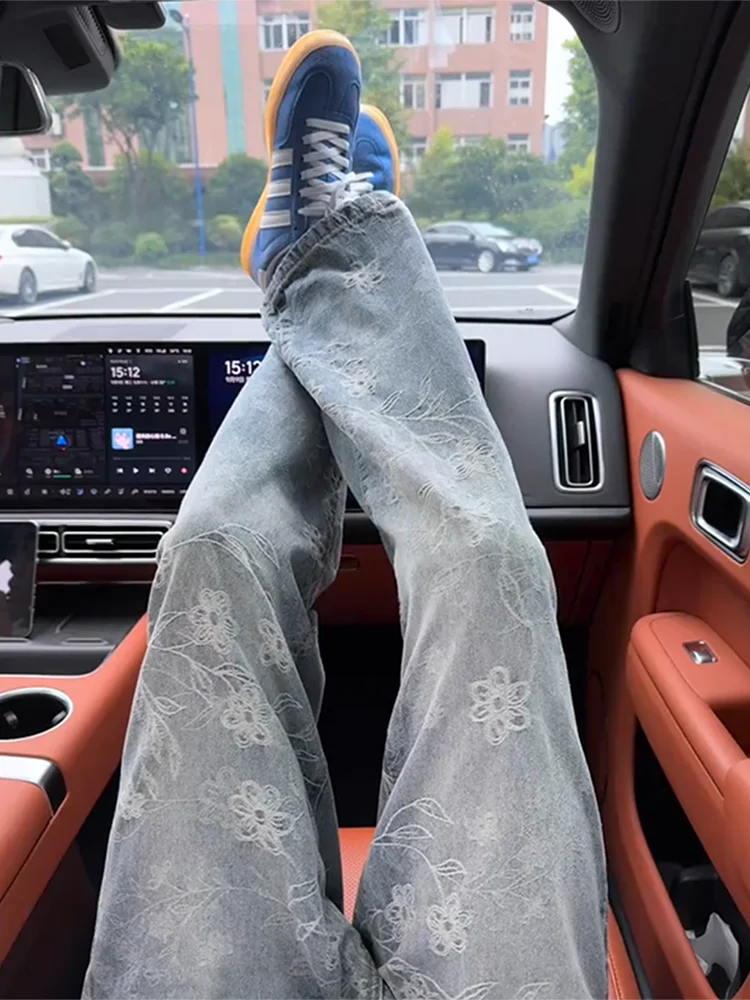 

Ледяной Синий Тка Вышитый Нож Прямые Джинсы Мужчины Женщины Осень High Street Vibe Design Sensation Расклешенные Брюки