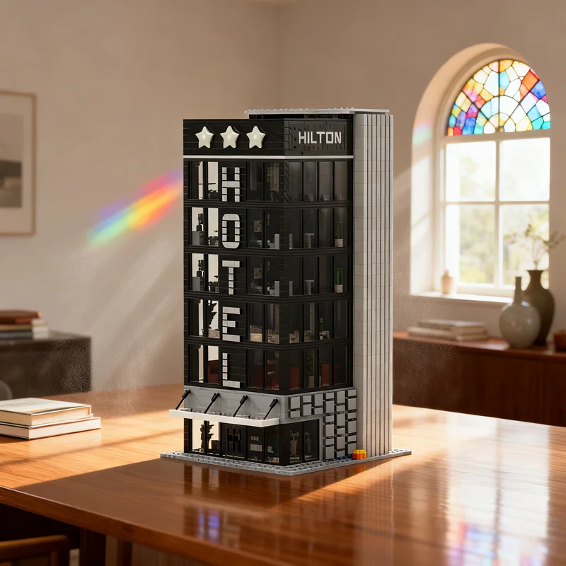 

6712 деталей MOC Hilton Hotel V1.0: Модульная модель городской улицы, строительные блоки, креативный подарок для самостоятельной сборки, декор для демонстрации, премиум-класс для взрослых.