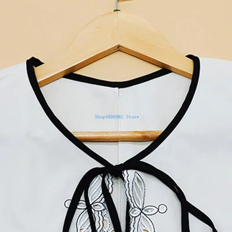 

T3LC Women Square Big Shawl Fake Collar Embroidery Trim Lace-Up Scarf Cape
