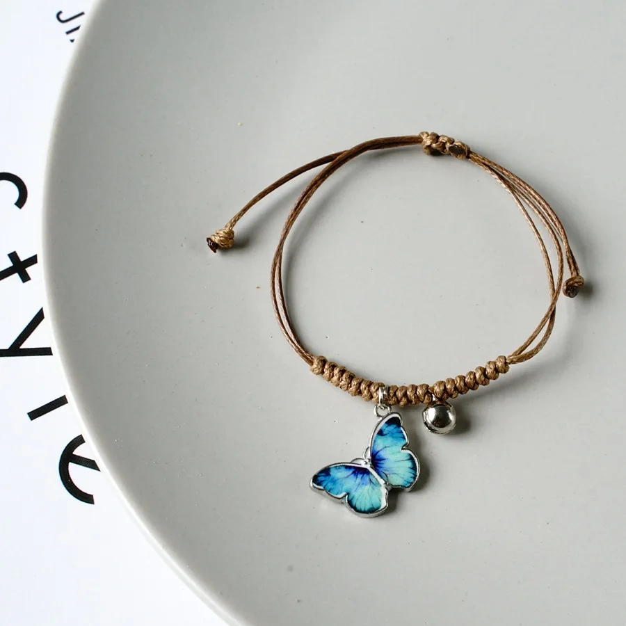 Trendy Couple Blue Butterfly Bracelet for Women Niche Chic Braided Bell Pendant Adjustable Bracelet Simple Couple Jewelry Gifts