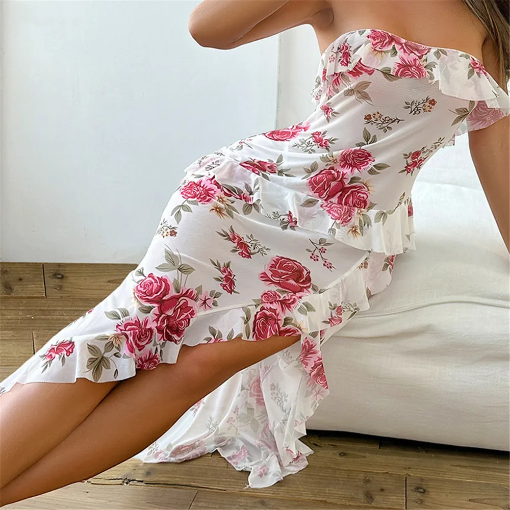 

Summer Women Tube Top Ruffles Nightgown Home Dress Print Flower Nightdress Sleepwear Sexy Nighty Loungewear