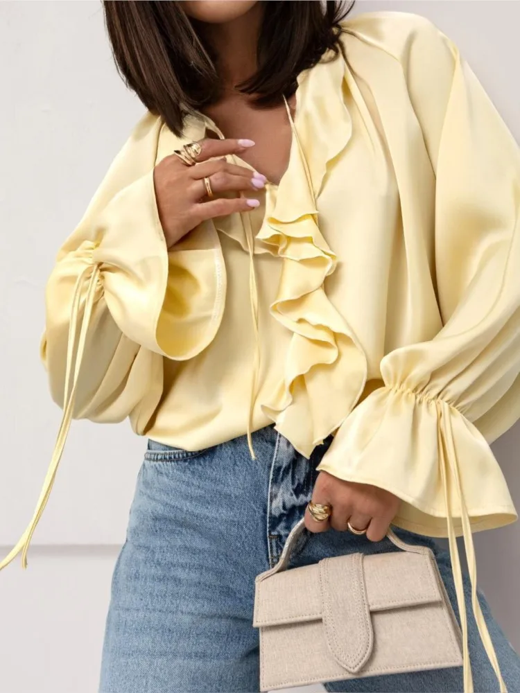 여성 패션 화이트 셔츠 우아한 사무실 긴 소매 V 넥 프릴 풀오버 루즈 셔츠 탑 여성 봄 여성 의류