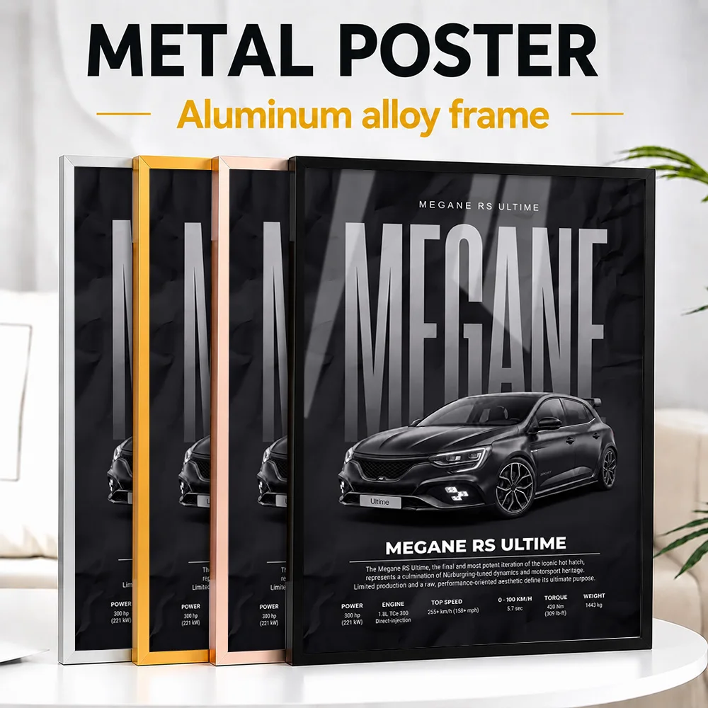 Black French Megane RS Ultime Car Framed Aluminum Metal Poster Personalized Studio Graphic Wall Art For Garage Or Home Office