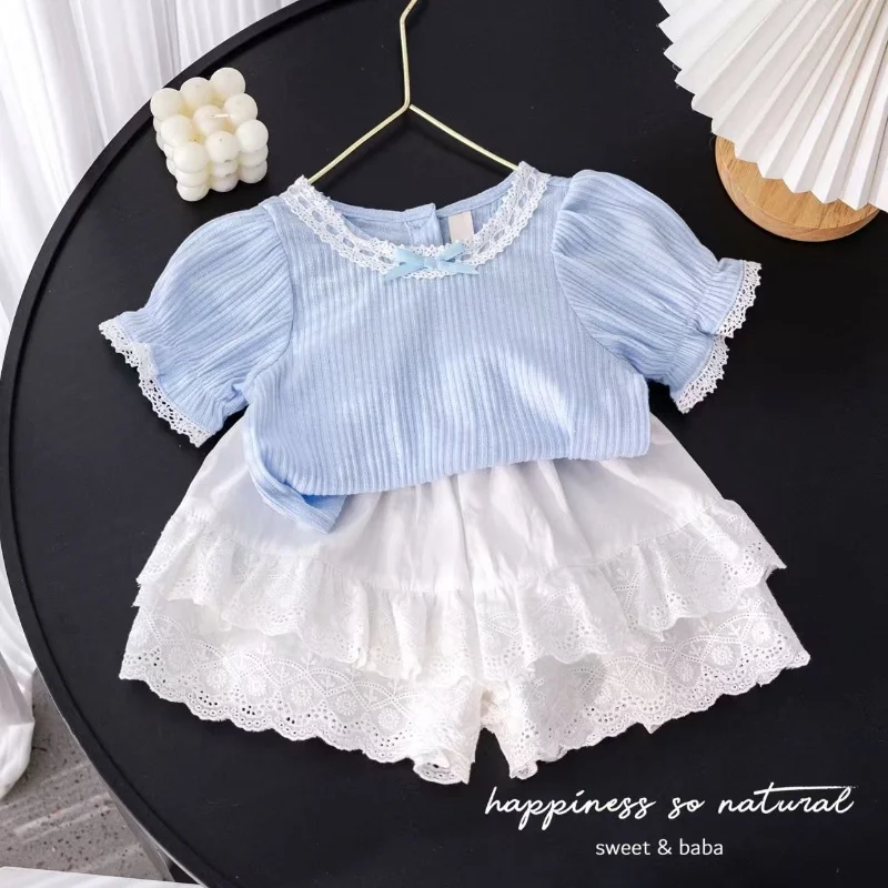 Fashionable Women's Baby Summer T-shirt Shorts 2-piece Set Cotton Crew Neck Lace Trimmed Korean Style Cute Children's Clothing