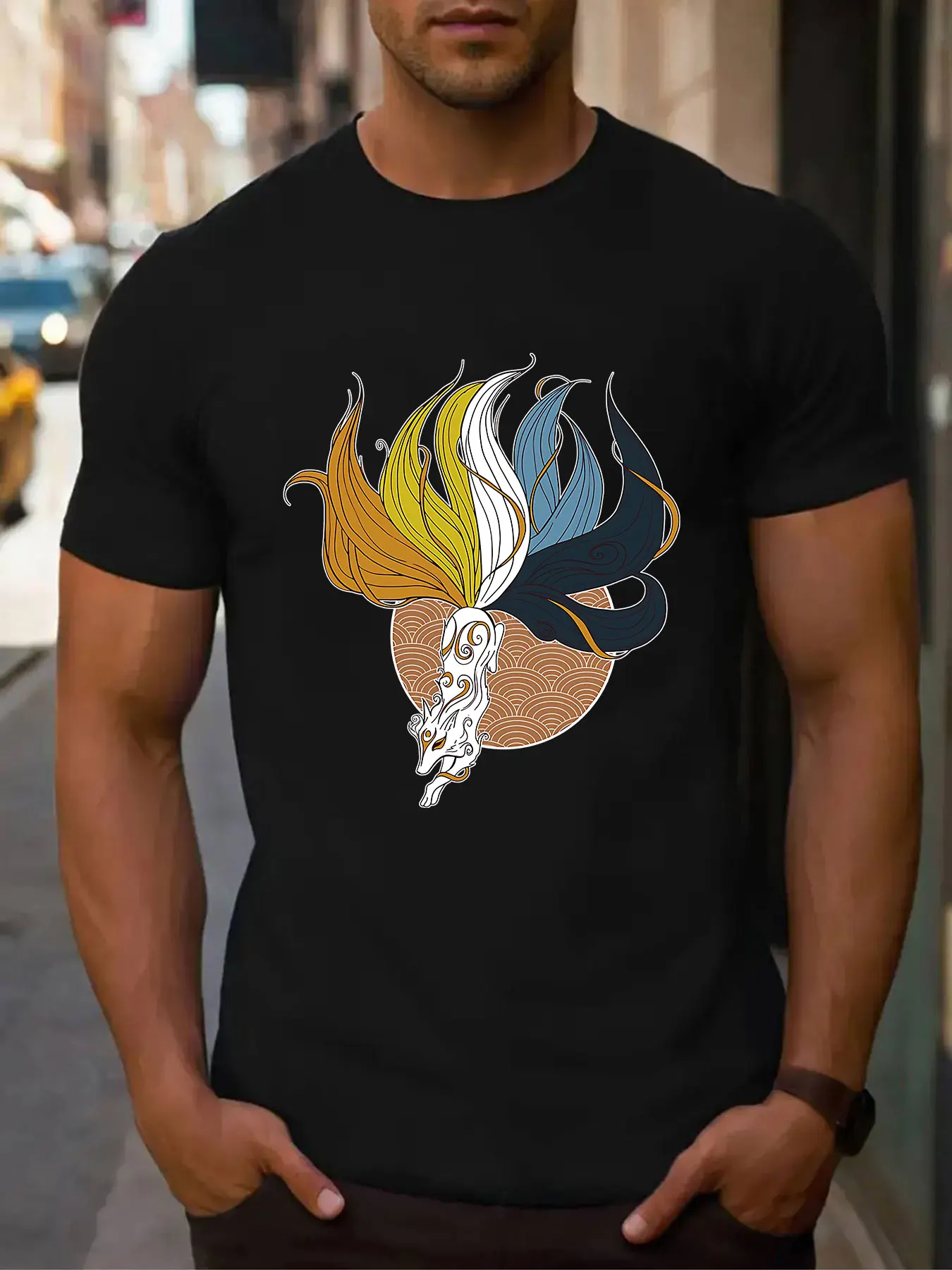 Men's Cotton T-shirt Japanese Style Nine-Tailed Fox Graphic Print Casual Short Sleeve Tee