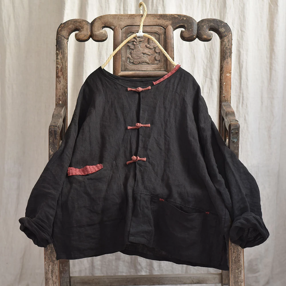 여성용 긴팔 리넨 셔츠, 빈티지 O넥 단색, 루즈한 여성 캐주얼 상의 셔츠, M470, 2025 용수철 중국 스타일, 신상