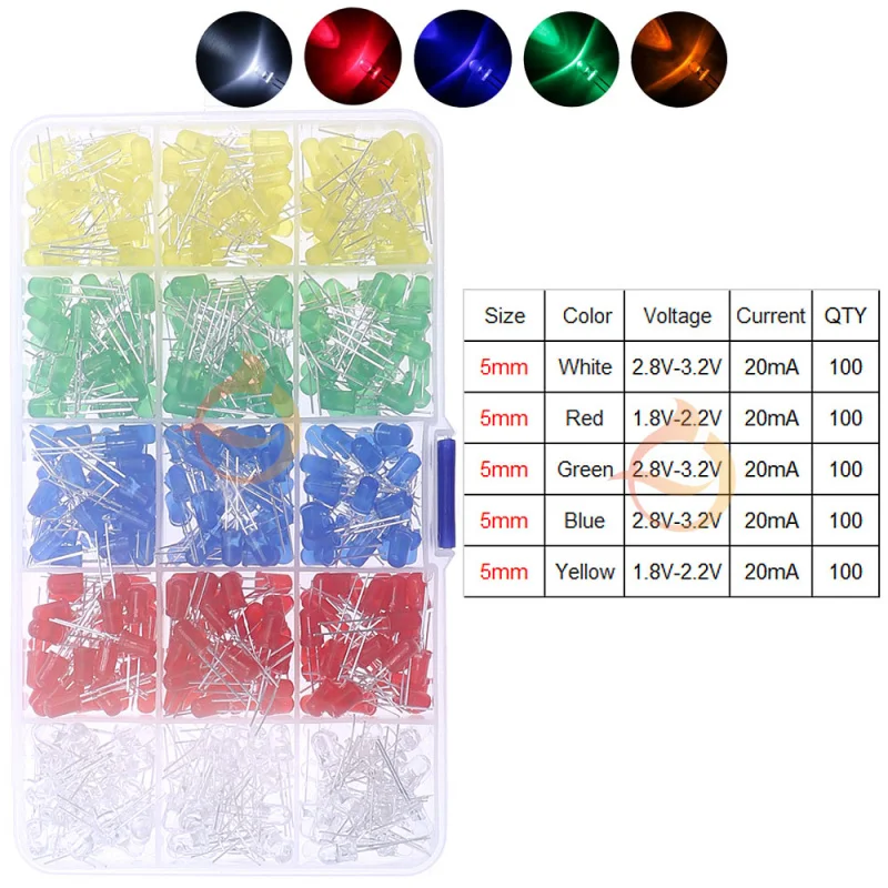 500pcs 5MM LED Light Diodes Assortment Kit White Yellow Red Blue Green 5Color Each 100pcs