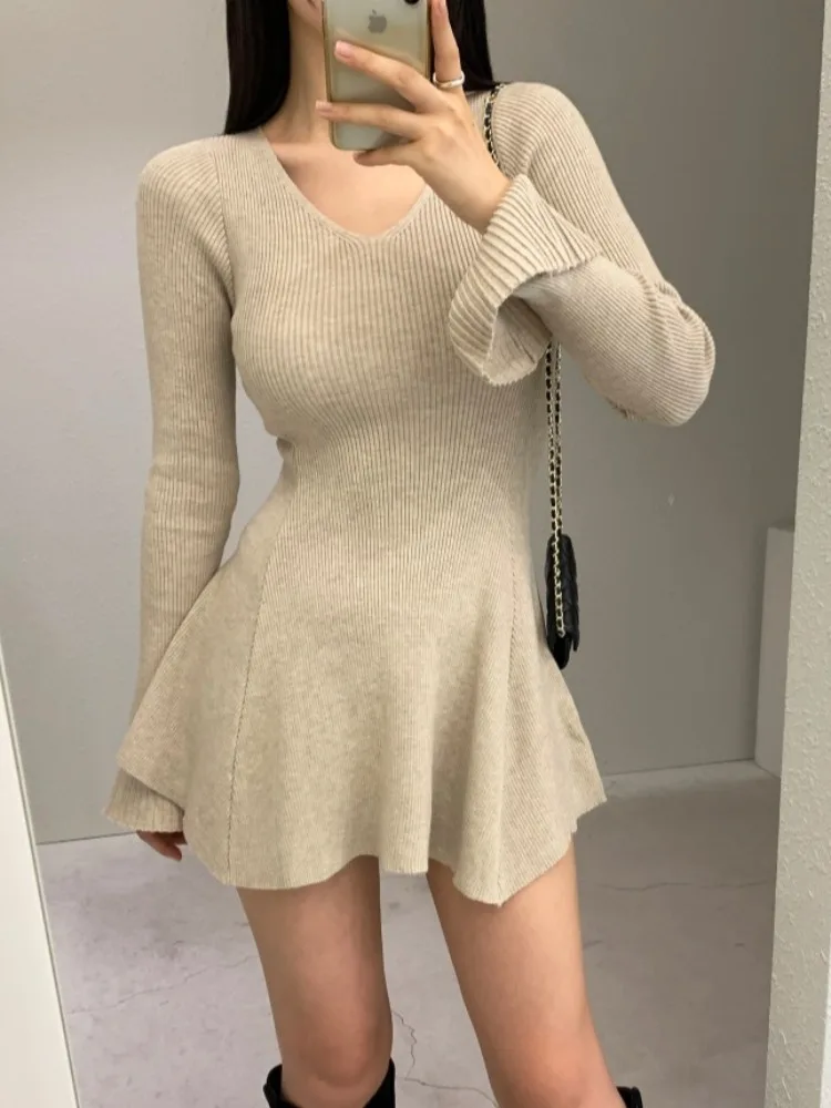 

Slim Fit Knitted Dr Women's Autumn Winter A-Line ort Skirt Bell Sve Pleated Hemline Casual Comfortable Breathable Dr