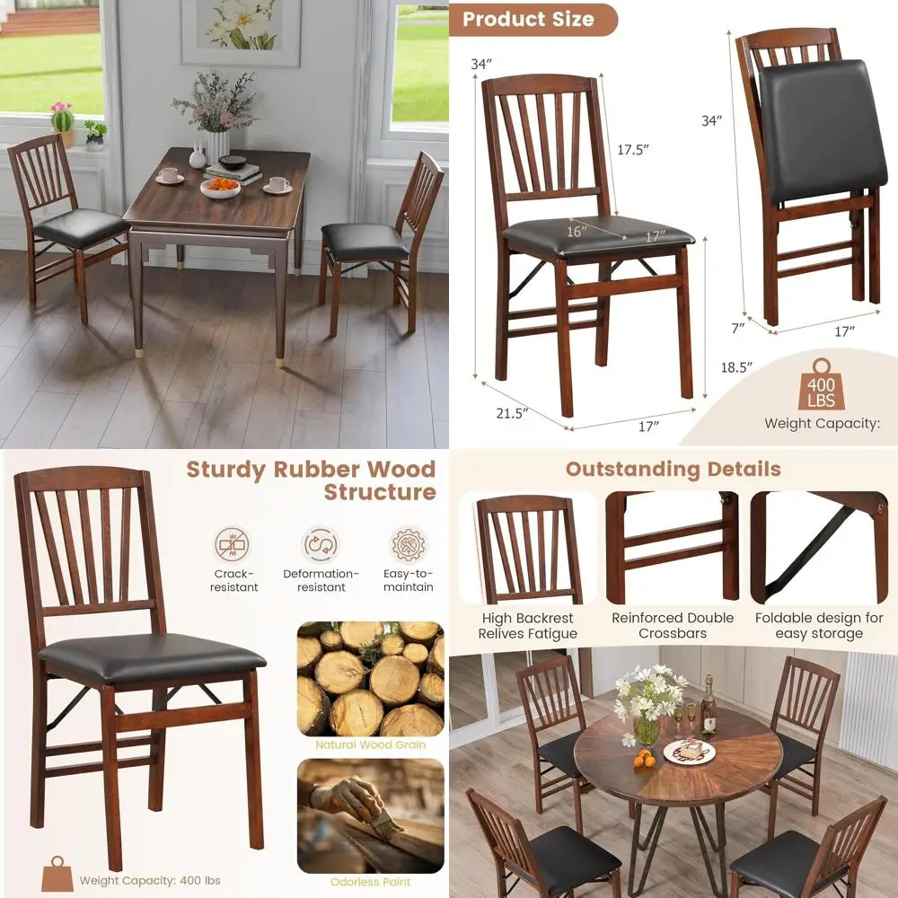 Set of 2 Folding Wooden Dining Chairs with Cushioned Seats, Sturdy Frame, Holds Up to 400 lbs, Easy Storage for Small Spaces