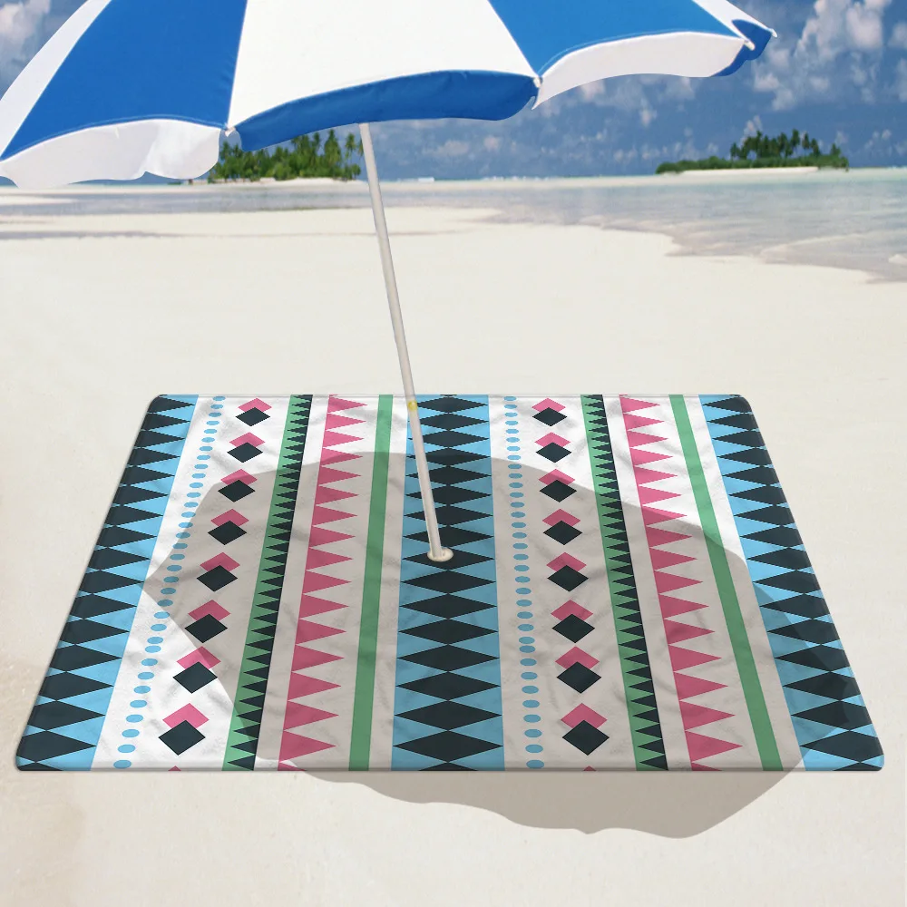 

Boho Striped Tribal Beach Blanket with Umbrella Hole Snaps, Sandless Yoga Mat Blanket Microfiber Quick Dry Square Beach Towel