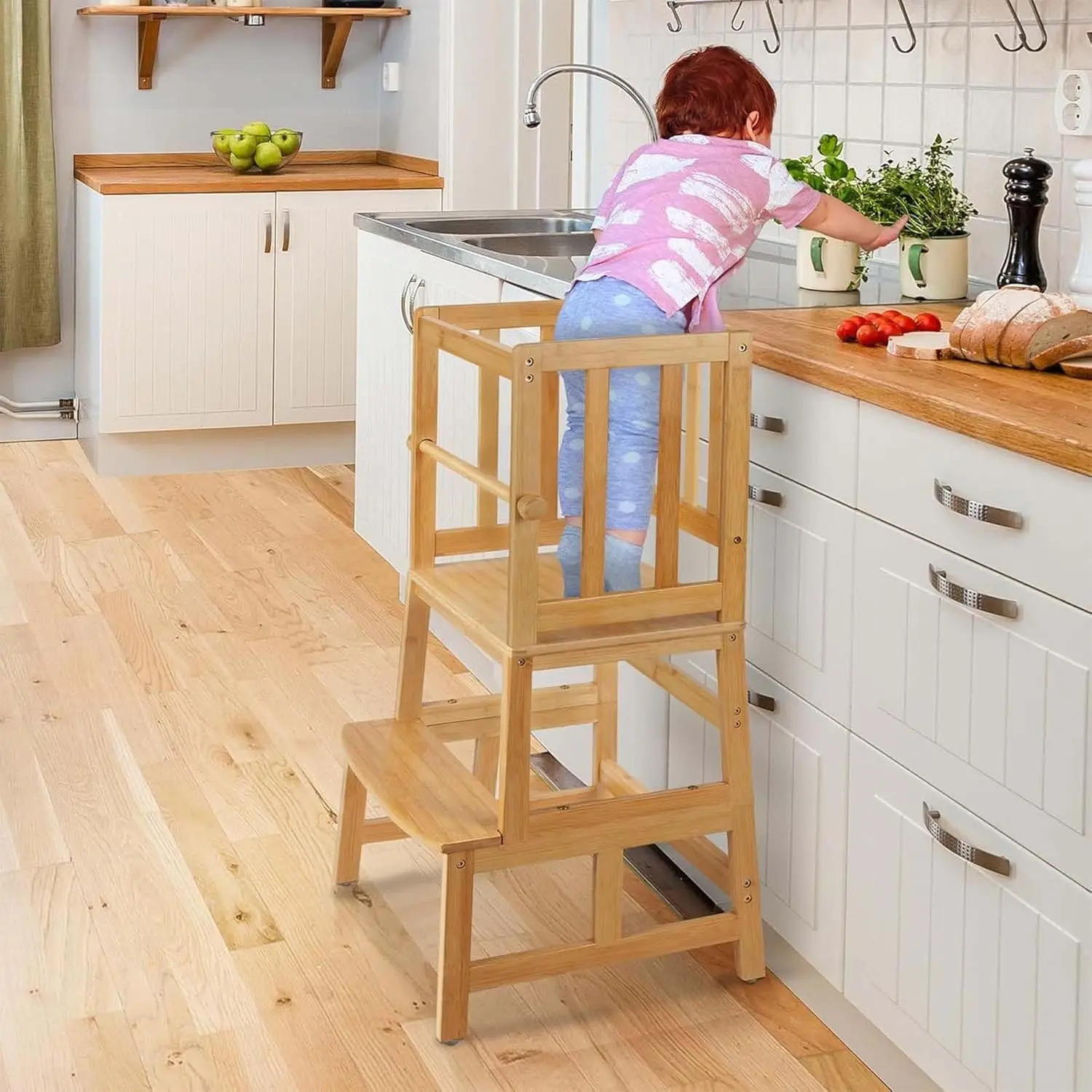 Kids Kitchen Step Stool，Toddler Standing Tower with CPC Certification, Removable Anti-Drop Railing Safety Rail Enjoys Unique