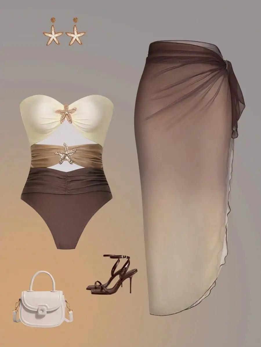 Womens Halter One-Piece Swimsuit With Ombre Mesh Skirt Beach Set