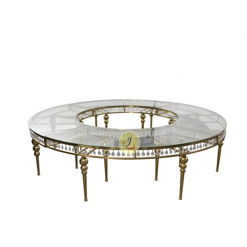 #Royal Design Modern Golden Stainless Steel Glass Top Round & Serpentine Shape Crystal Wedding Hotel Outdoor Dining Table