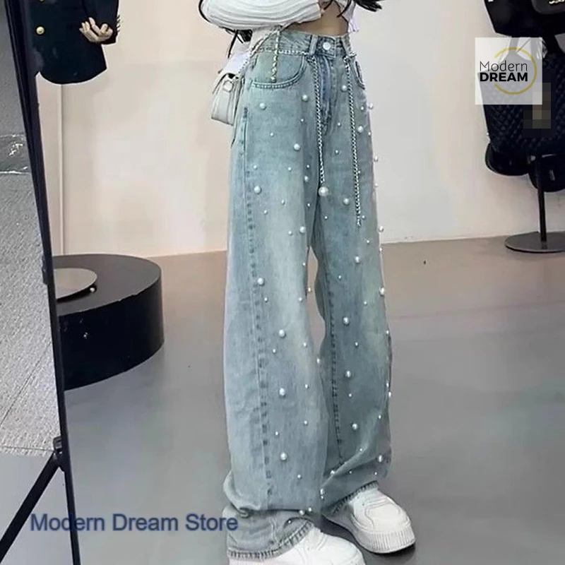 French Pearl beading design sense wide-leg denim trousers women's autumn and winter new fashion trend loose slim Joker pants.