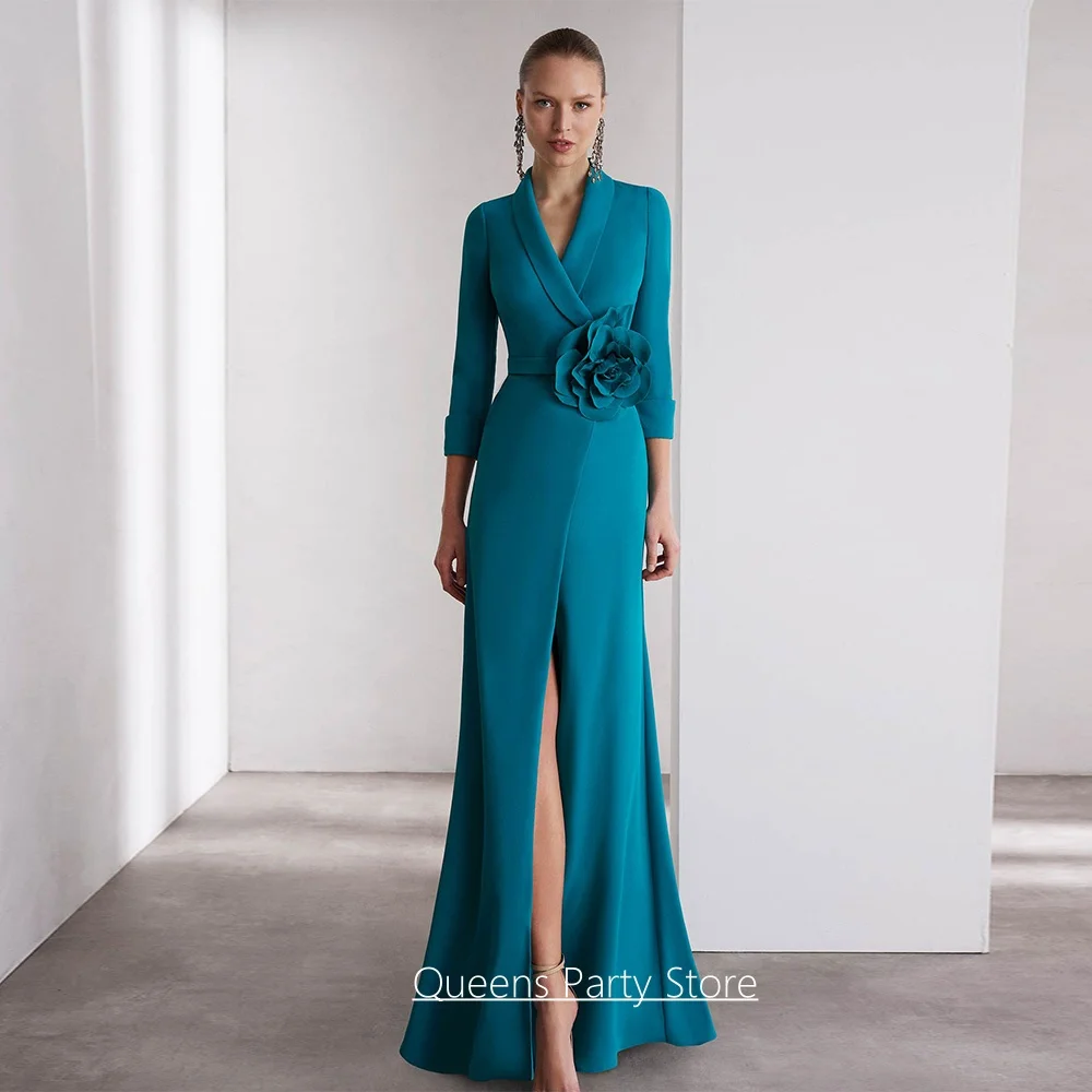 Wedding Mother of The Bride Dress Customized V Neck 3/4 Sleeves Flower Split Sweep Train Wedding Guest Gown Party Dresses