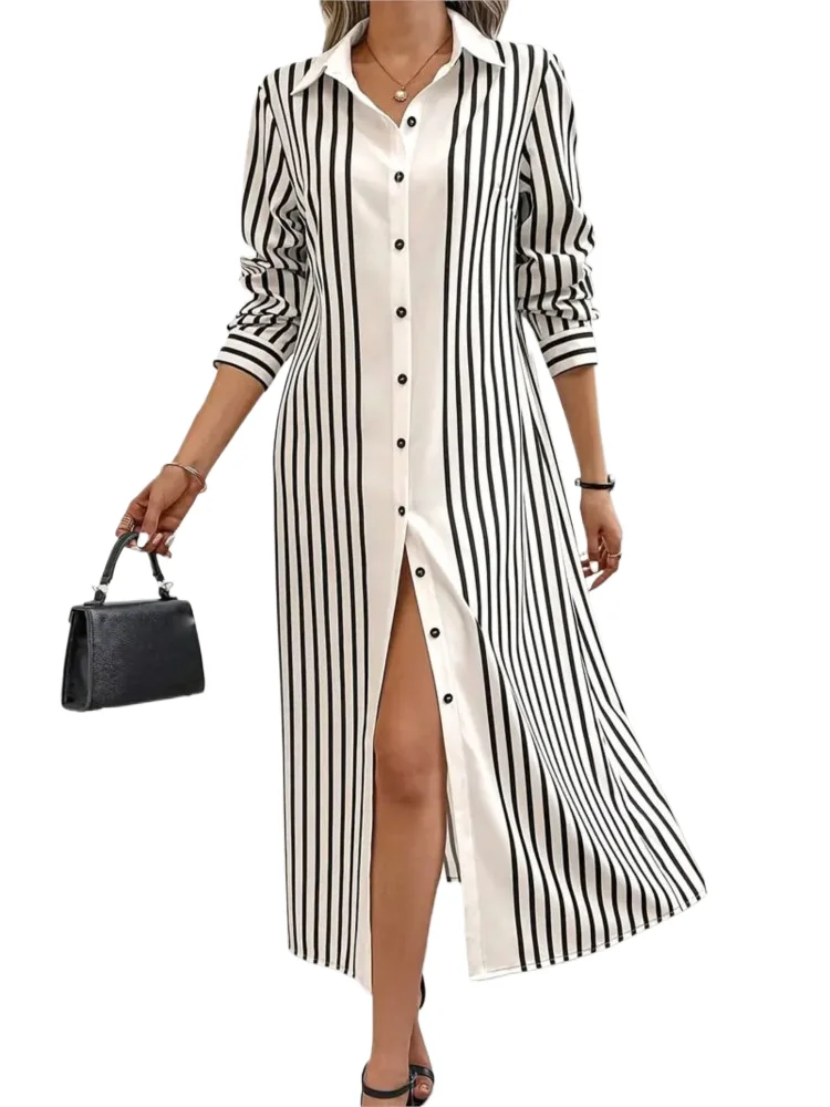 

Office Striped Shirt Dress For Women Fashion Long Sleeve Turn-down Collar Button Dresses Lady Spring Autumn Womens Clothing New