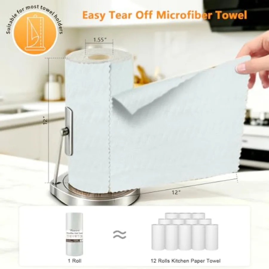 Microfiber Cleaning Cloth Roll, 50 Tear-Away Sheets, Reusable and Washable, Lint-Free, Non-Scratch, Highly Absorbent Towels for