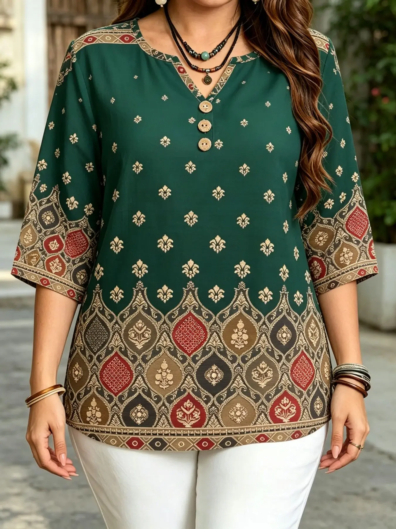 Women Damask Ethnic Geometric Vintage Floral Print Blouse For Curvy Figures Notched Neck 3/4 Sleeve Loose Ladies Tops