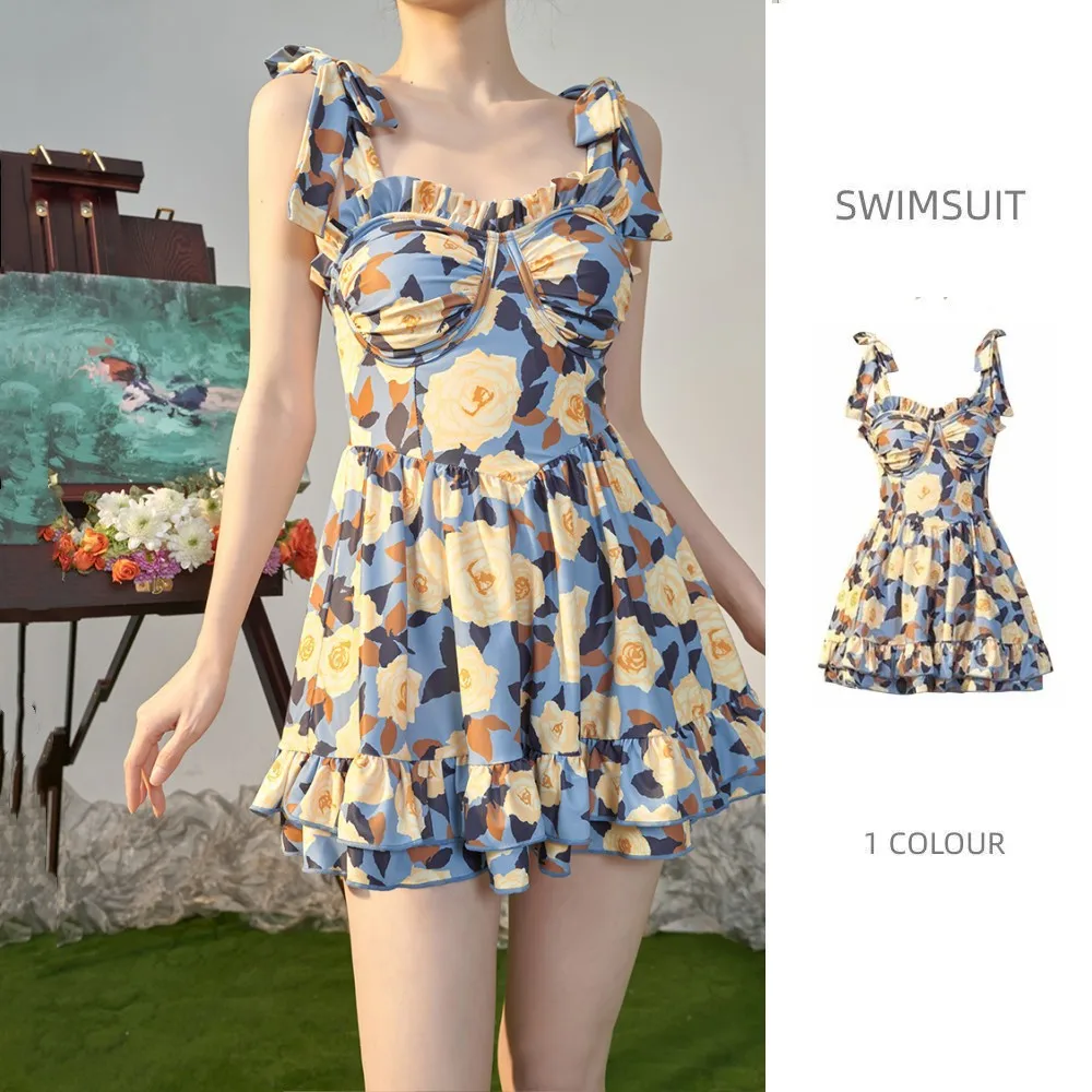 One-piece Swimsuit Women's Retro Printed Slim Boxer Pants Soak in Hot Spring