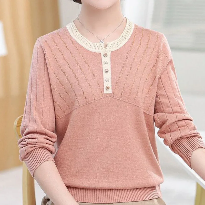 Office Lady Temperament Solid Long Sleeve Knitted T-shirt Autumn Winter Women\'s Clothing Round Neck Patchwork Fashion Sweaters