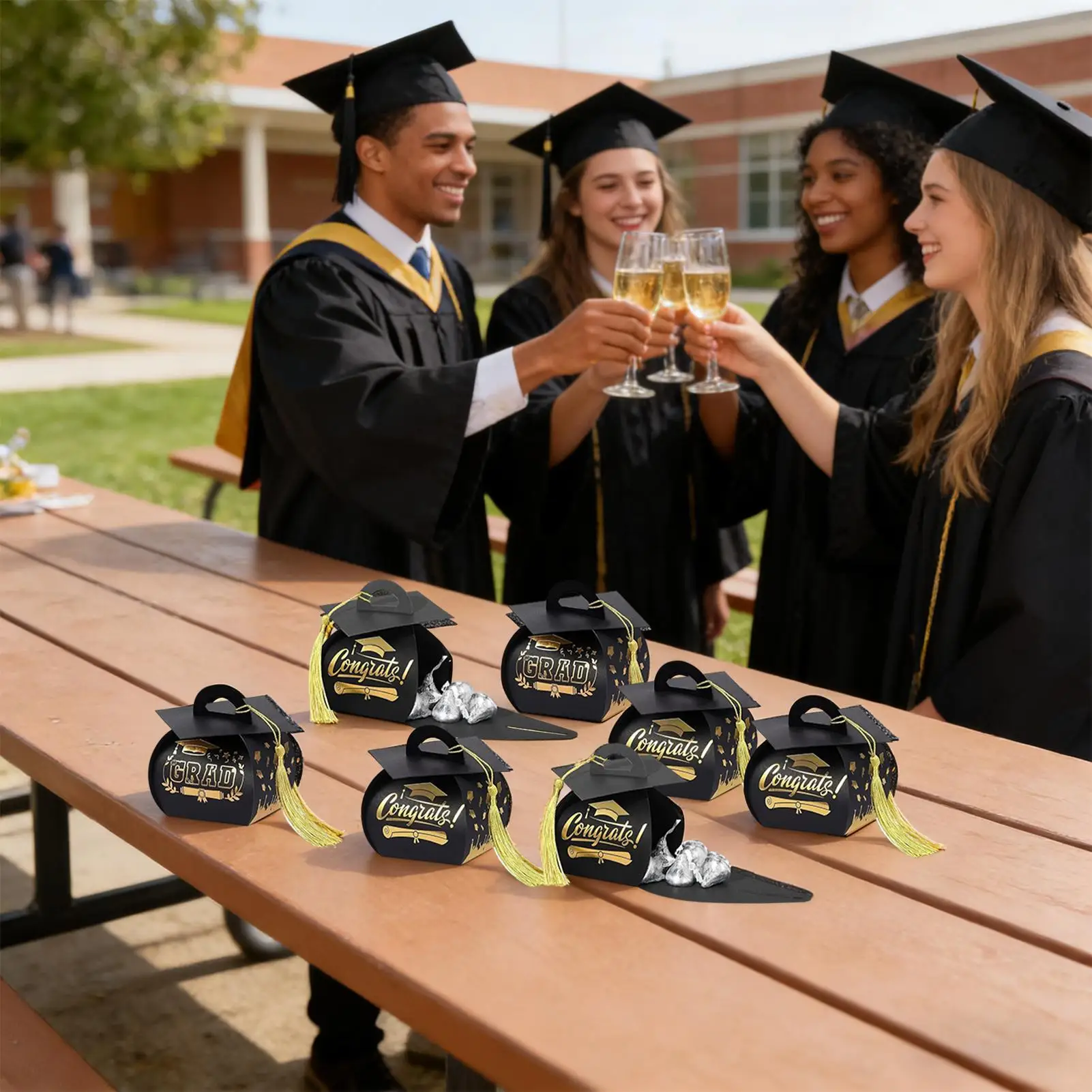 Caja de dulces para graduación, contenedor de chocolate para graduación de 10 piezas con borla, caja con forma de gorro de graduación para galletas, ceremonia, escuela, estudiantes, universidad