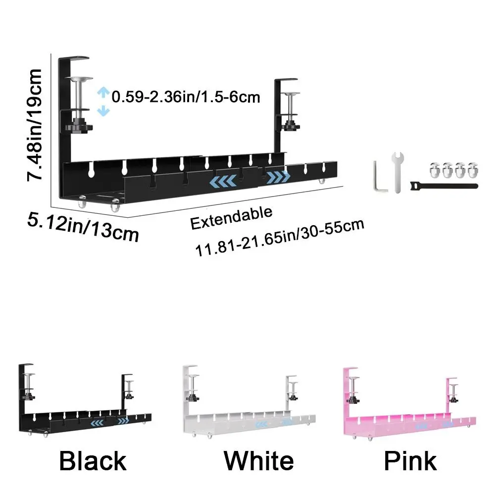 Nenhuma perfuração sob a bandeja de gerenciamento de cabos de mesa, economia de espaço, resistente sob a prateleira de cabos de mesa, bandeja de cabos de metal resistente ajustável