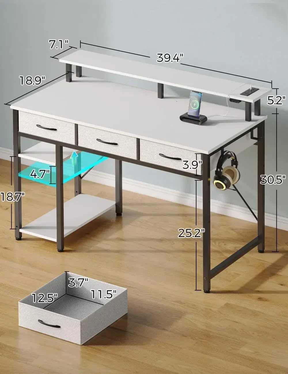 Scrivania per Computer con prese di corrente e luce a LED, scrivania da ufficio da 39 pollici con 3 cassetti e ripiani