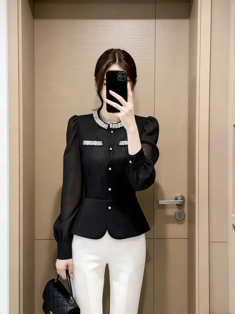 

Chic Black Sequin Women's Long Sleeve Shirt Waist Cinched Luxury Style Fashionable Top Elegant High-End Feel Spring 2026
