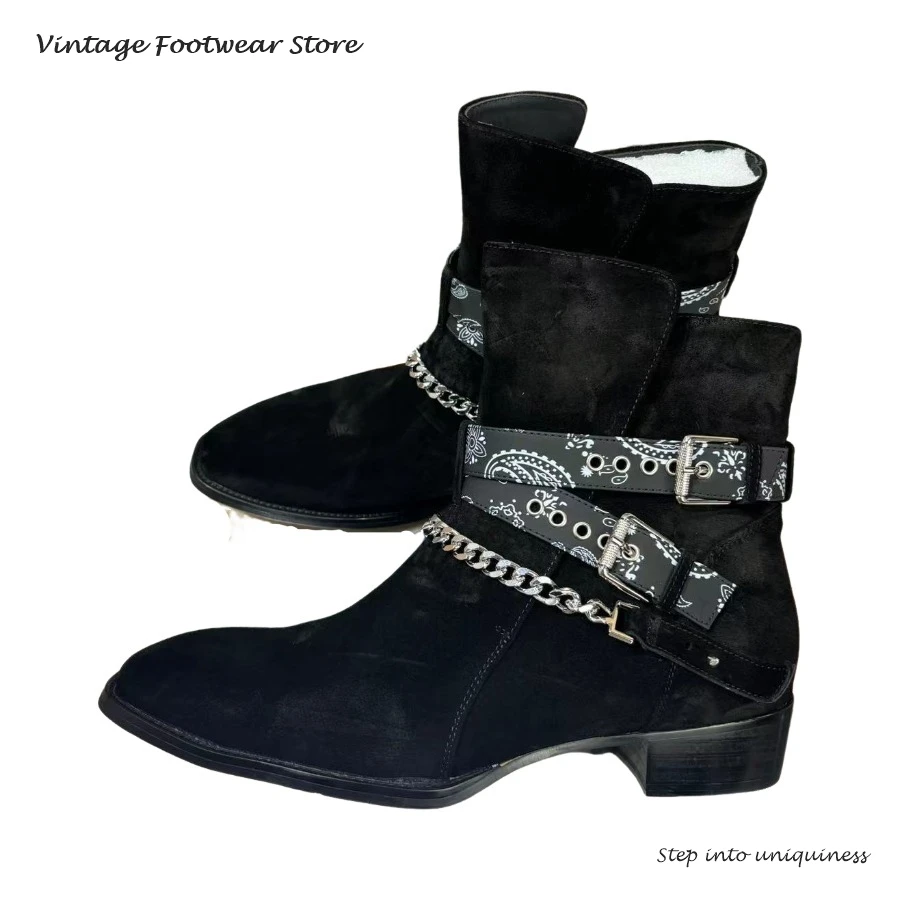 

Vintage Bandana-trimmed Suede Ankle Boots Belt Buckle Chain Pointed Toe Low Block Heel Men's Booties Men's Formal Business Shoes