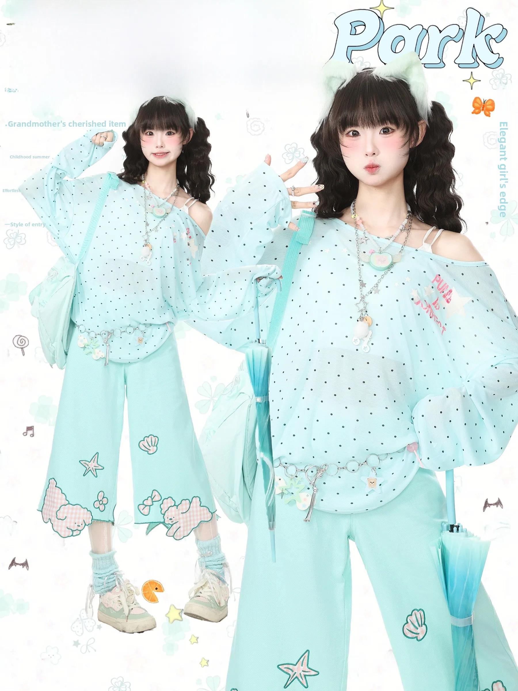Blue Ghost Park Languid Park Casual Large round Neck Long Sleeve T-Shirt Women Summer Unique Top Polka Dot Star Print Loose Fit