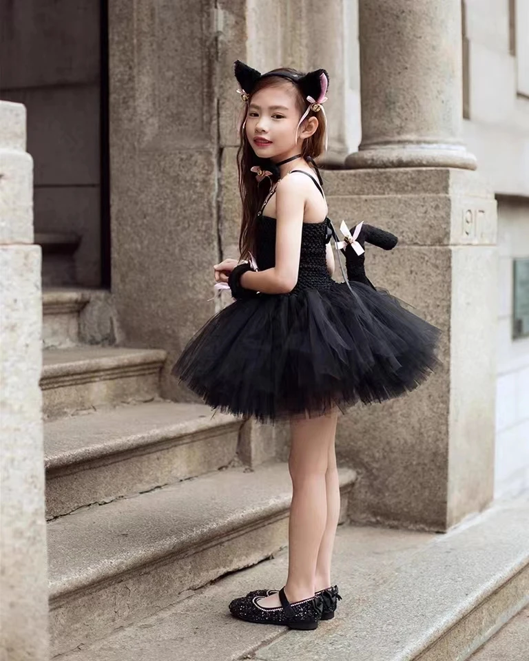 Black Cat Tutu Dress for Girls Carnival Halloween Costumes for Kids Toddler Animal Cosplay Outfit for Birthday Party Clothes Set