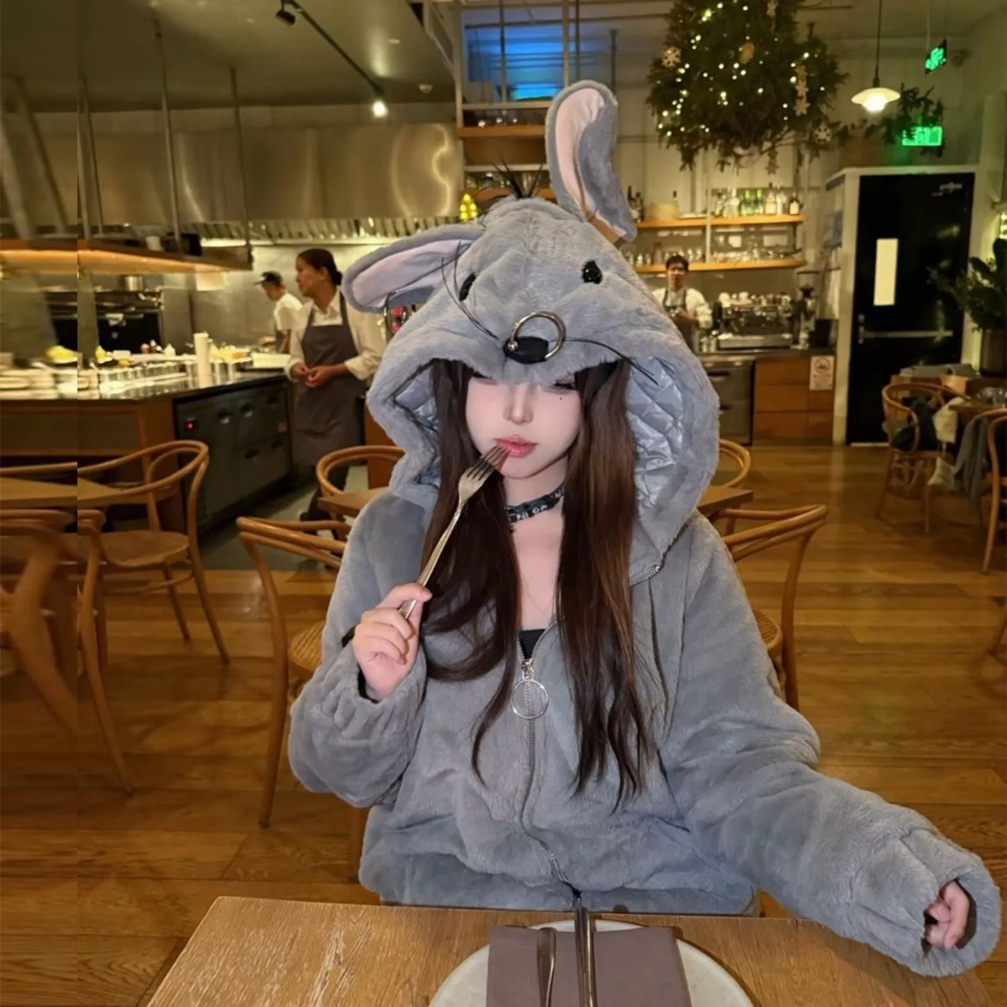 Halloween Weihnachten Cos Plüsch Jacke Winter Neue Subkultur Y2K Zip Mit Kapuze Faux Pelz Jacke Hot Girl Punk Stil Pelz Mäntel Frauen