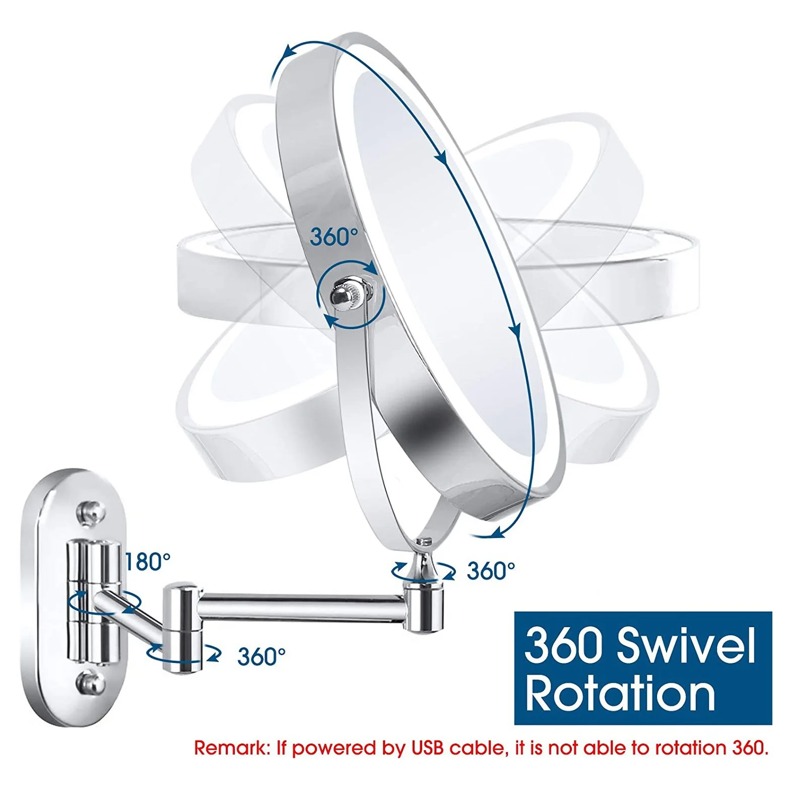 التكبير مرآة التجميل للحمام ، حمام مع قطب LED ، 1X ، 5X التكبير