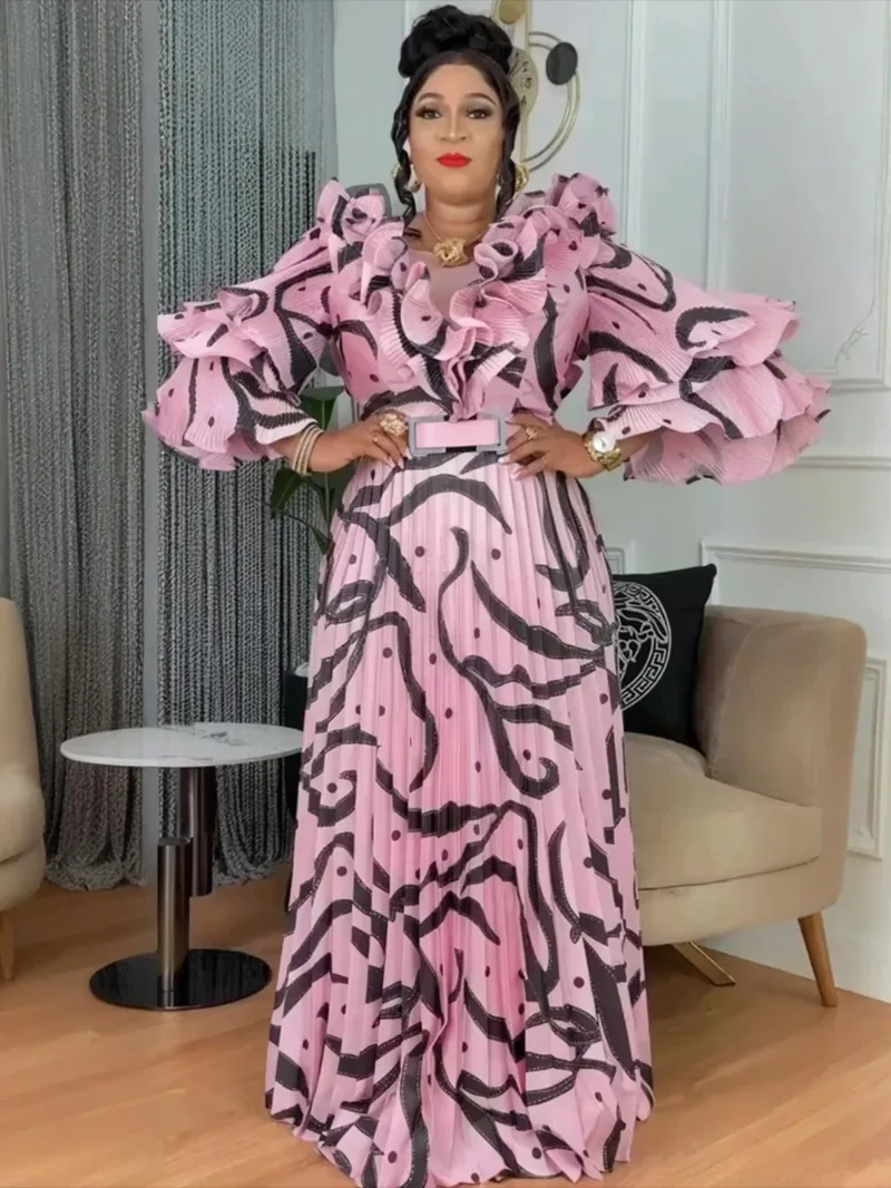 

Plus Size African Party Dresses for Women Dashiki Ankara Ruffle Pleated Wedding Evening Gown Elegant Turkey Muslim Maxi Dress