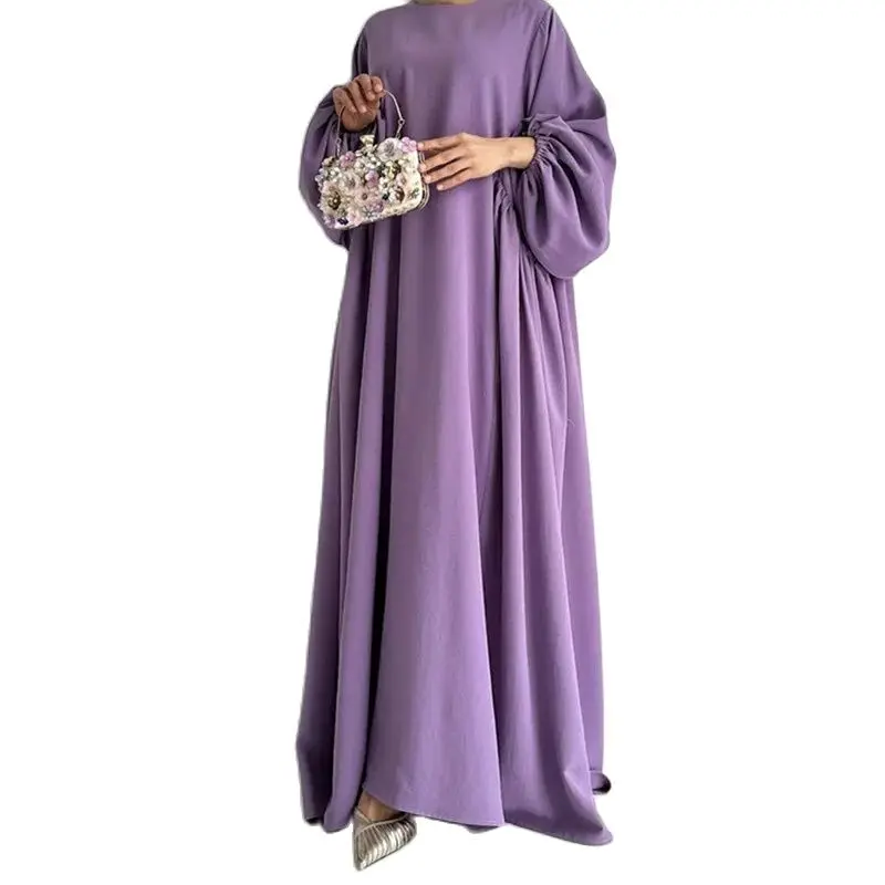 Vestido Kaftan de manga comprida muçulmano para mulheres, vestido maxi, Islam Abayas, monocromático, elegante, gola redonda, manga, Abaya, Ramadã, 601