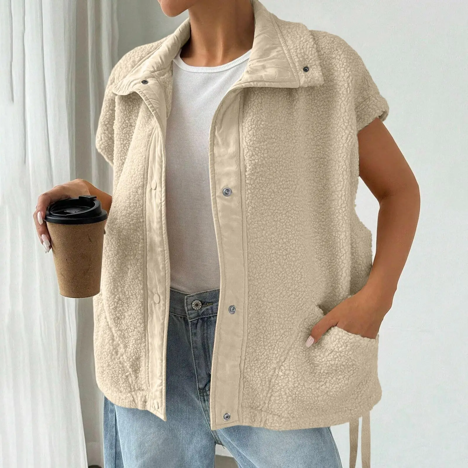 

Женская модная куртка из овечьей кожи, теплый однотонный жилет на пуговицах с лацканами, осенне-зимний флисовый жилет с карманами