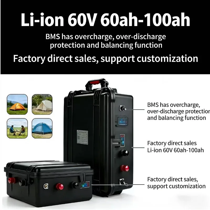 60V 60Ah-100Ah Lithium Battery with Bluetooth BMS 5000W High Power Supply for Golf Cart & Solar Energy Storage