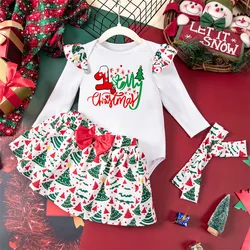 3 Pcs Christmas Baby Clothing Sets Outfits Autumn Winter 2024 New Newborn Kids Cute Long Sleeve Letter Print Romper Xmas Skirts