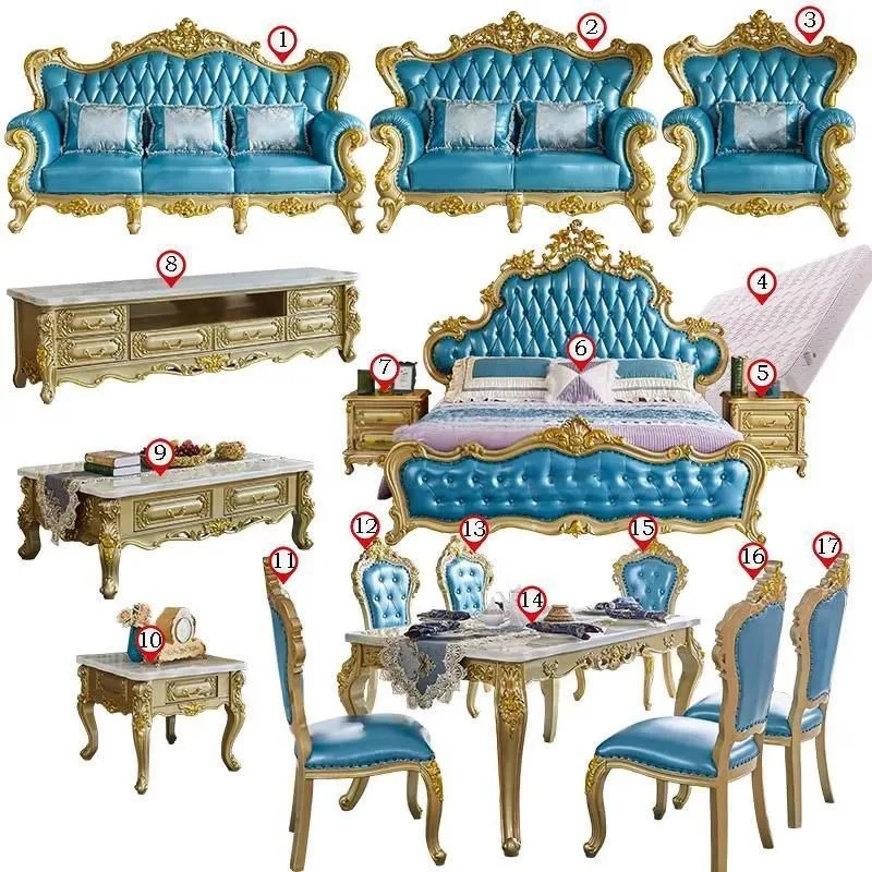 Leather sofa villa solid wood luxury double-sided first-layer carved living room 123 combination