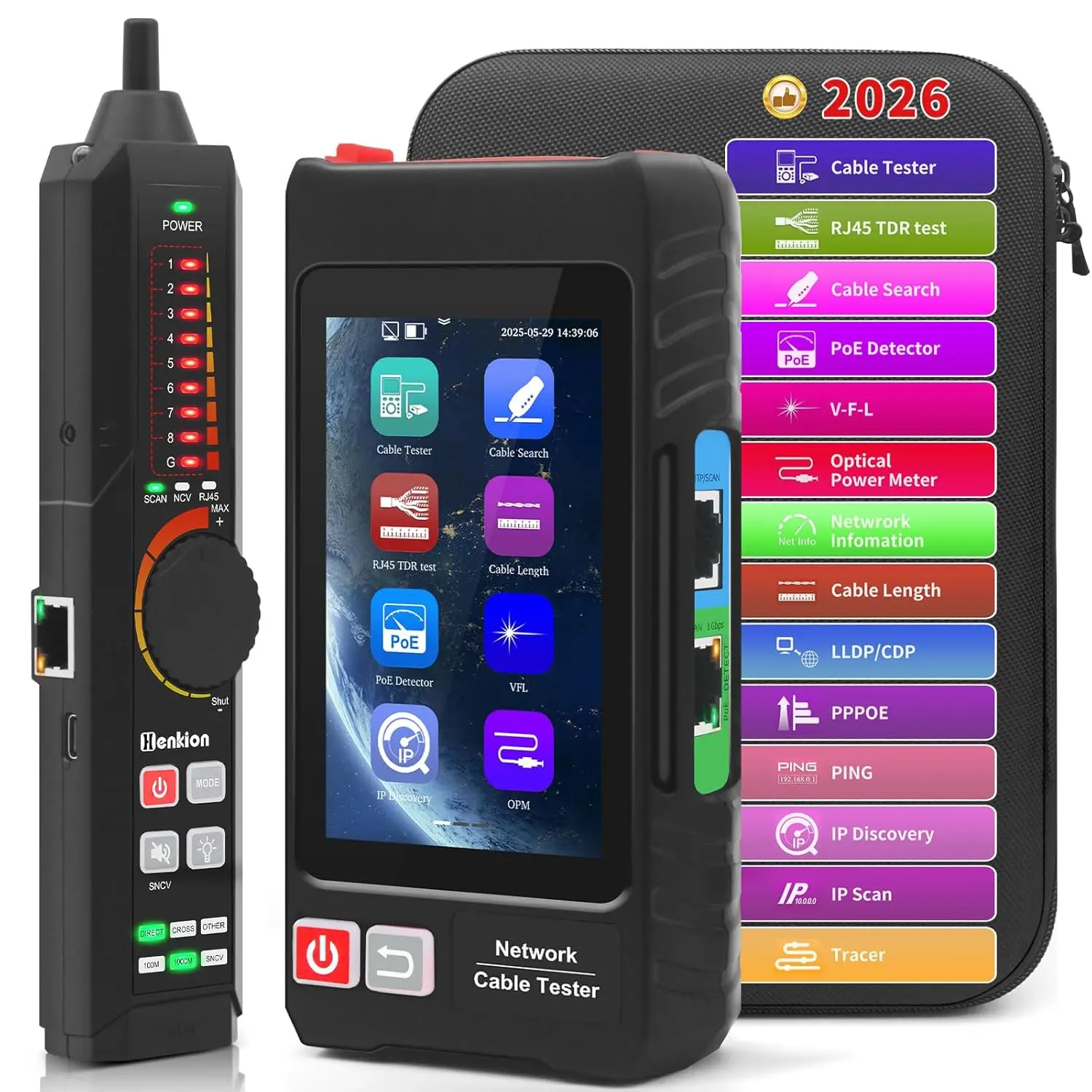 Multifunction RJ45 UTP Network Cable Tester Rechargeable Ethernet Cable Tracer POE++ Detect,Cable Length Meter,RJ45 TDR Test