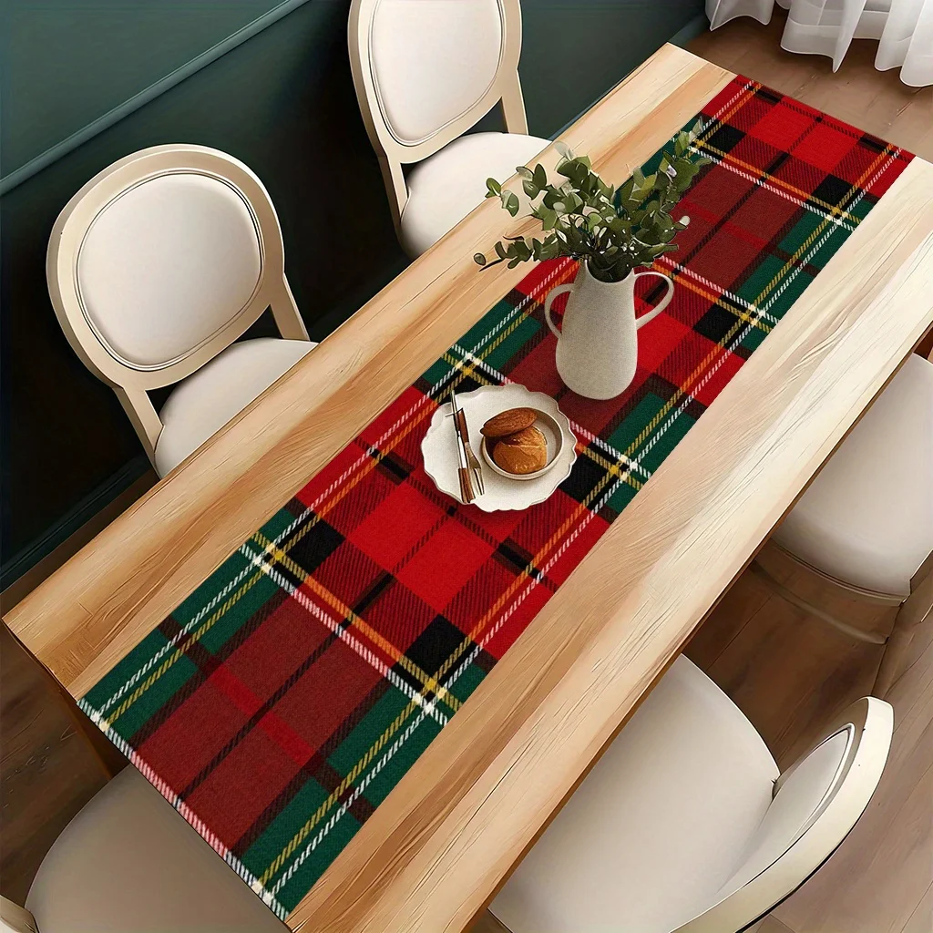 Red Green Christmas Plaid Table Runner Single Sided Print Classic Home Kitchen Dining Room Holiday Vibe Decor Party Table Decor