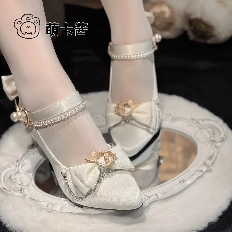 Elegant Lolita Wedding Pumps Women Thin High Heel Bow Pearl Ankle Strap Mermaid Decor Pointed Toe Bridal Party Dress Shoes
