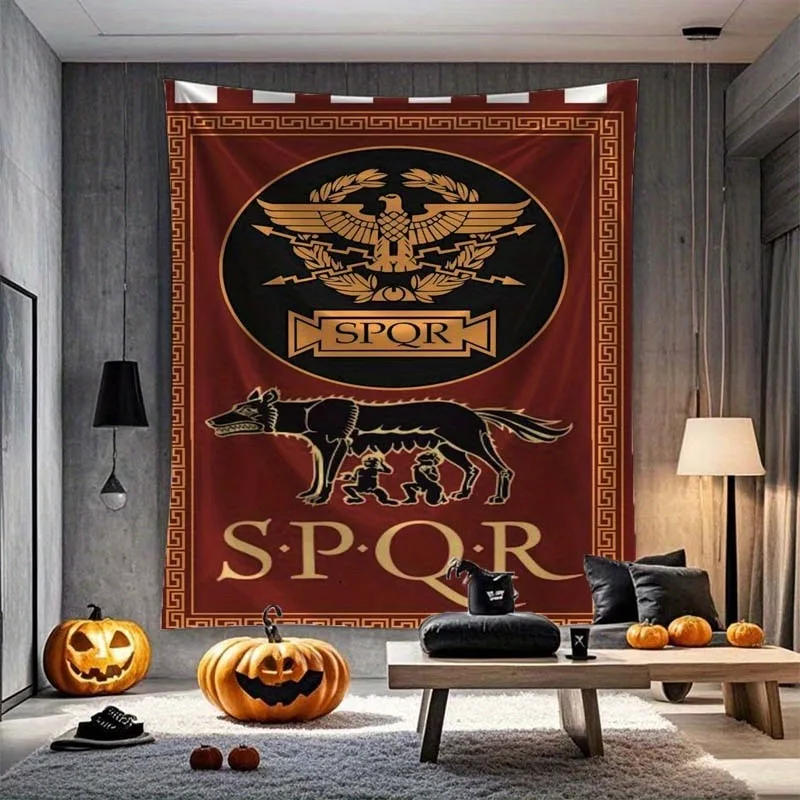 Red and Gold Roman Eagle Emblem with Wolf Print Tapestry, Bold Wall Art, Dormitory Decoration
