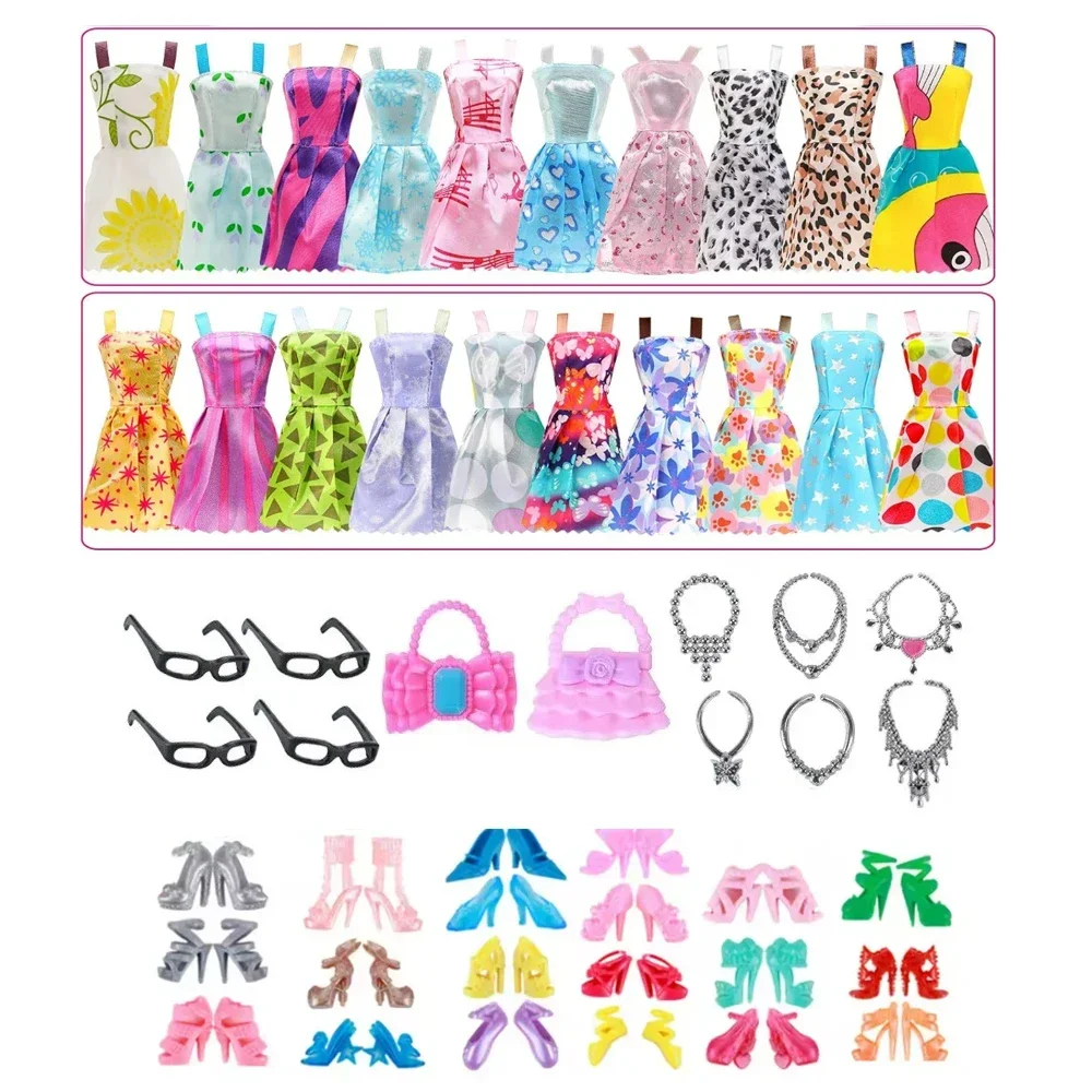 32 pcs Random Doll Clothes and Accessories, 10pcs Fashion Dresses 22pcs Shoes, Glasses, Necklaces, Handbag for 11.5inch Dolls