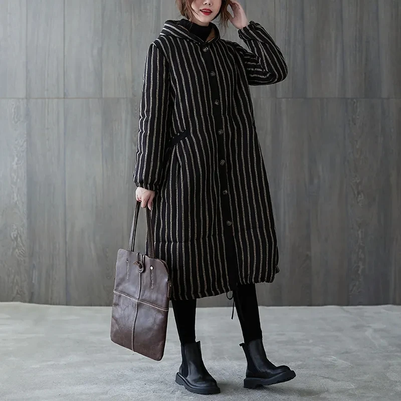 Retro Vertical Stripe Cotton Coat for Women\'s 2024 Winter New Loose Mid Length Knee Over Mother\'s Wear Plush Cotton Coat Coat B4