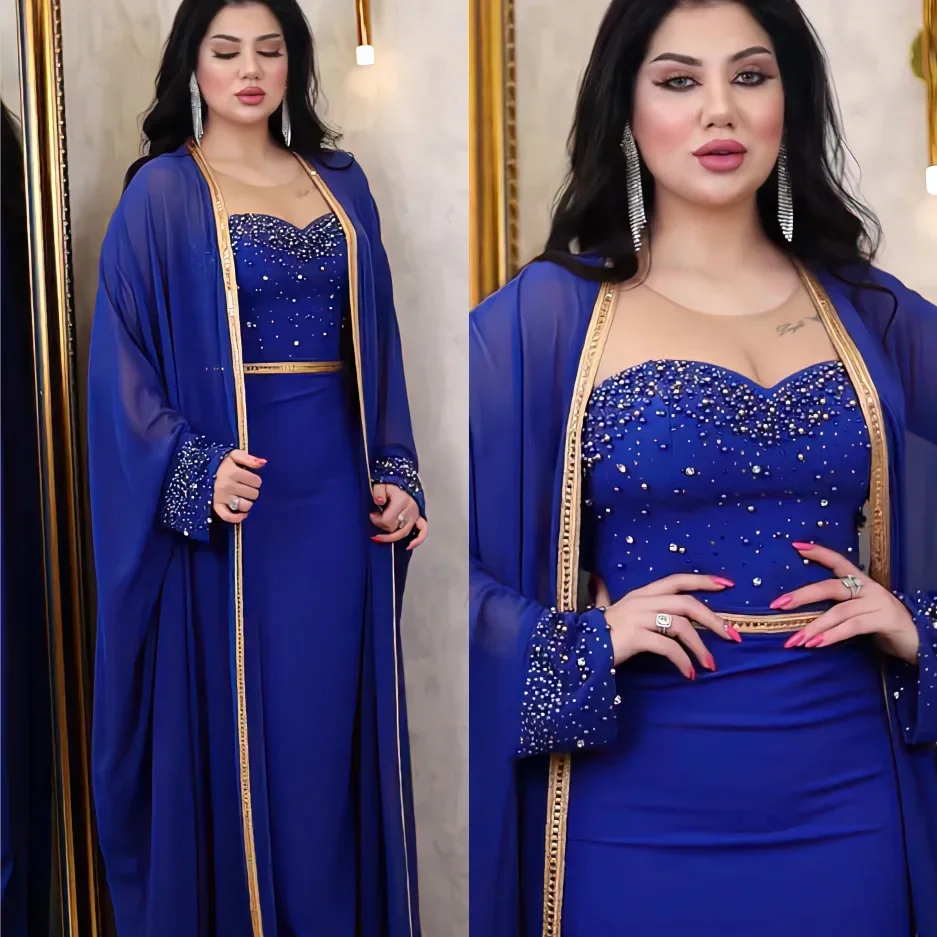 

2025 New Abaya Set Mesh Diamonds Open Abaya+Inner Long Dress Islam Clothing Muslim Women Dresses Set Turkish Kaftan Ramadan Eid