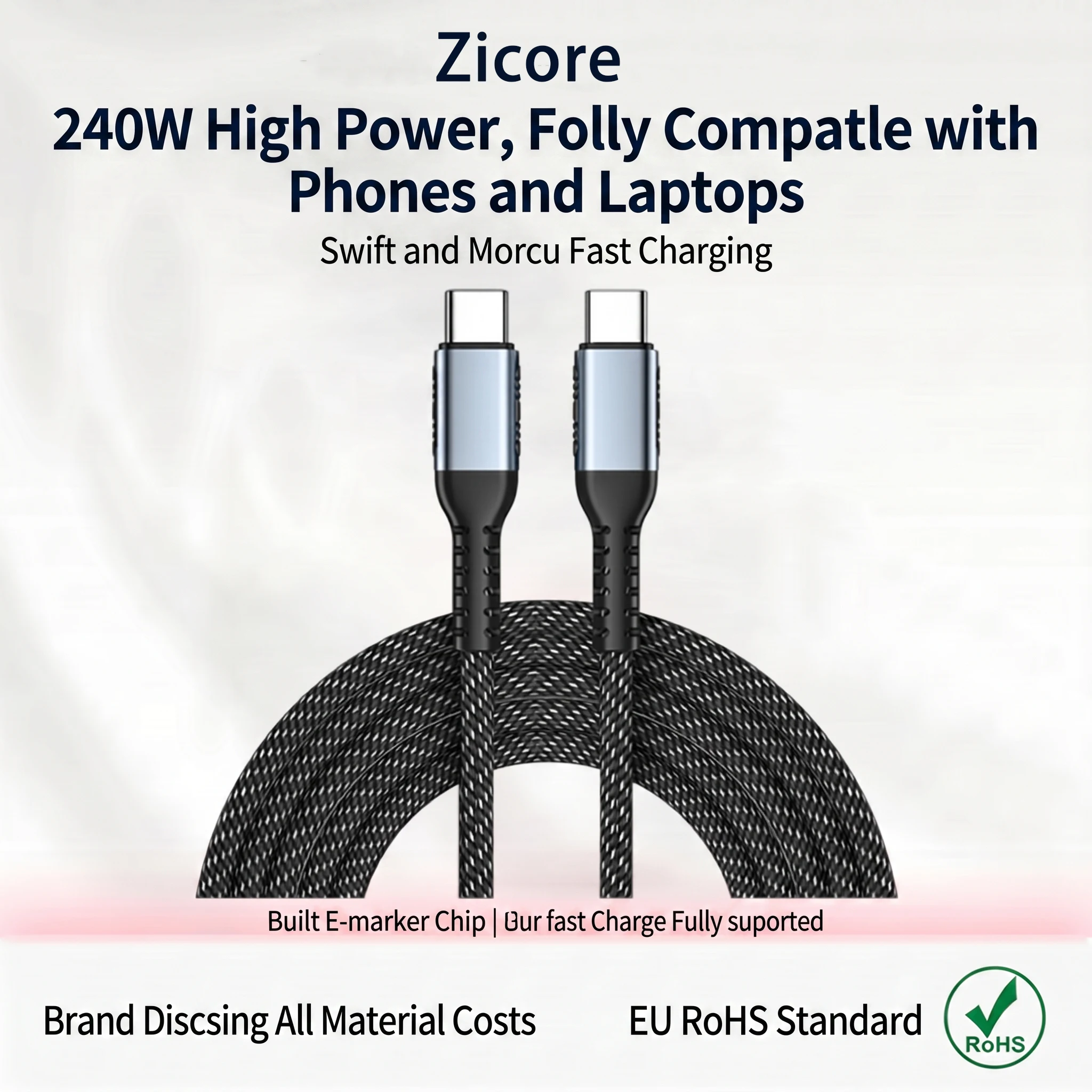 Zicoore 240W USB C Cable PD 2.0 Nylon Braided Super Fast Charge Cord for iPhone 16 17 Samsung Xiaomi Android Phone